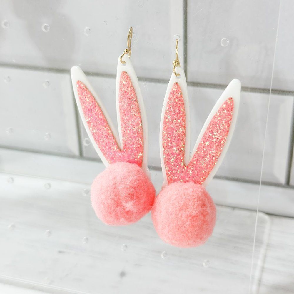 Pink Glitter Pom Pom Bunny Ear Earrings